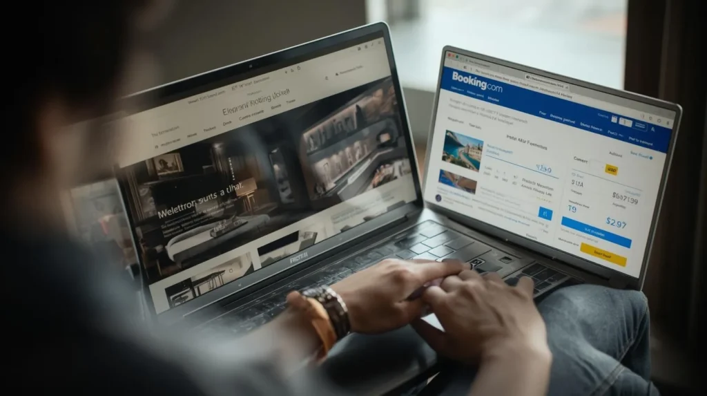 Confronto tra sito web di un hotel e Booking.com su laptop per valutare dove prenotare