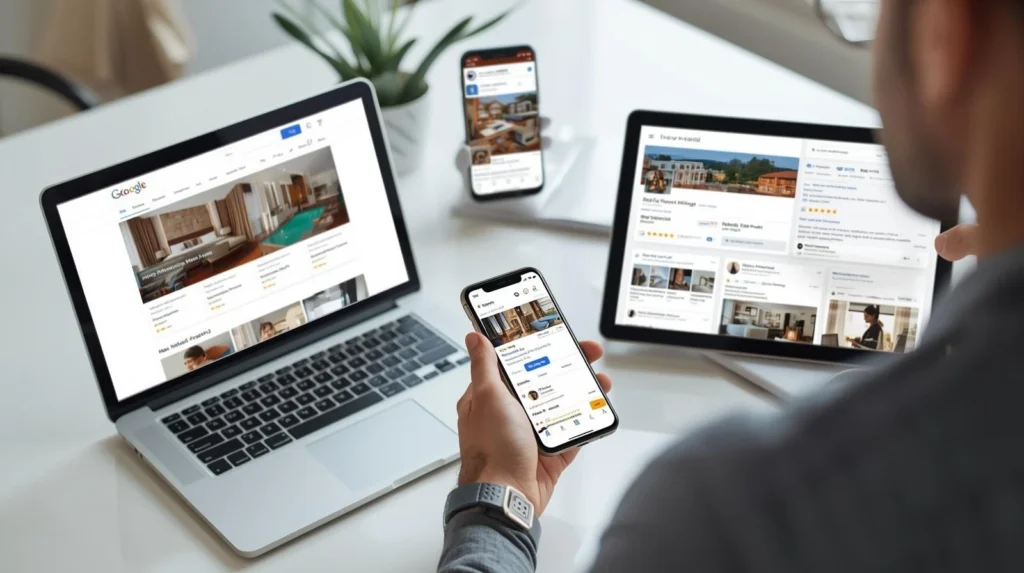 Viaggiatore che confronta hotel tra Google, sito web e social prima di prenotare online