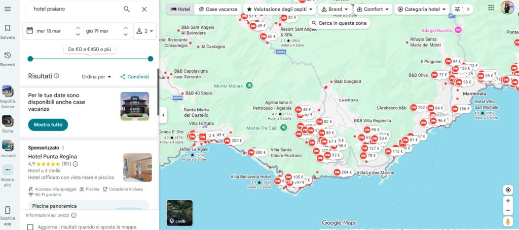 Ricerca hotel su Google Maps con prezzi e valutazioni - importanza del profilo Google Business per strutture ricettive