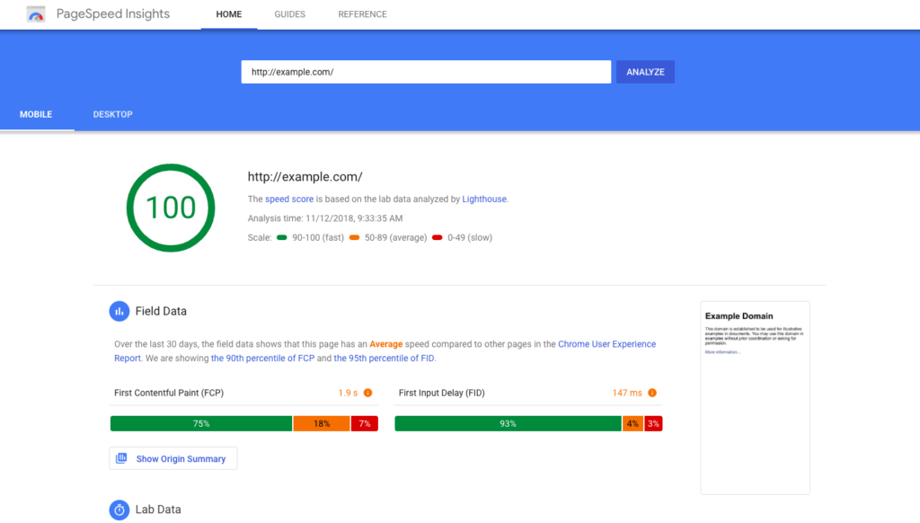 Esempio di analisi PageSpeed Insights con punteggio 100 e metriche Core Web Vitals per la velocità di un sito web