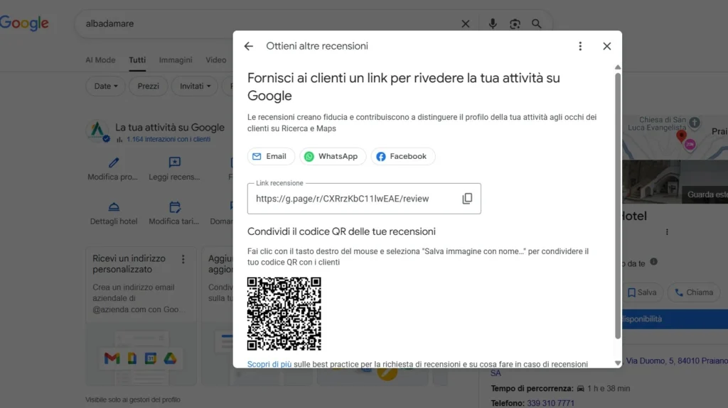 Schermata Google Business Profile per ottenere link recensioni da inviare ai clienti tramite WhatsApp o email