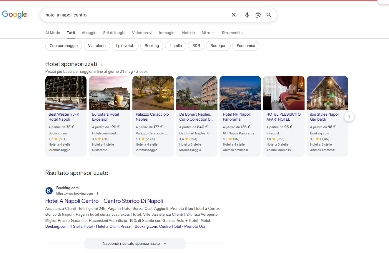 Risultati di ricerca Google per hotel a Napoli con annunci e OTA in evidenza