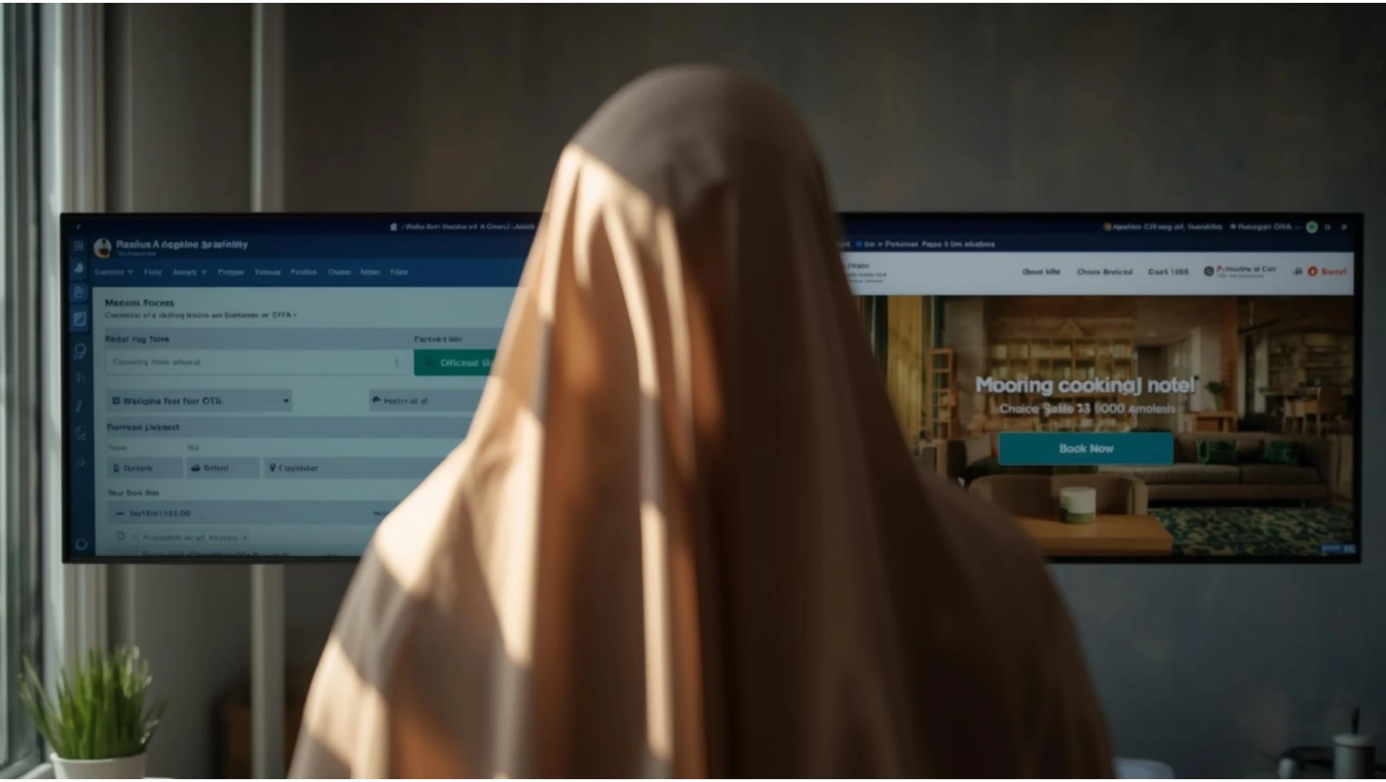 Persona indecisa tra prenotare su OTA o sul sito ufficiale di un hotel, concetto di disintermediazione e prenotazioni dirette