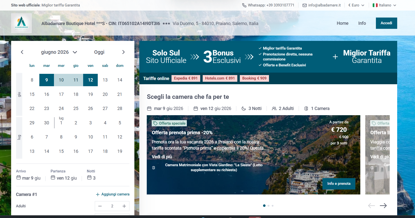 Booking engine di un hotel boutique con confronto tariffe dirette vs OTA - esempio di prenotazione diretta conveniente