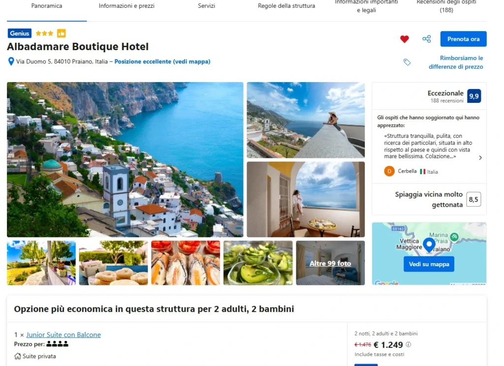 Scheda Booking di Albadamare Boutique Hotel con foto, recensioni e informazioni della struttura, esempio di vetrina OTA ottimizzata