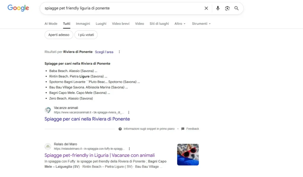 Risultati Google per spiagge pet friendly Liguria di ponente con Relais del Maro tra i primi risultati organici
