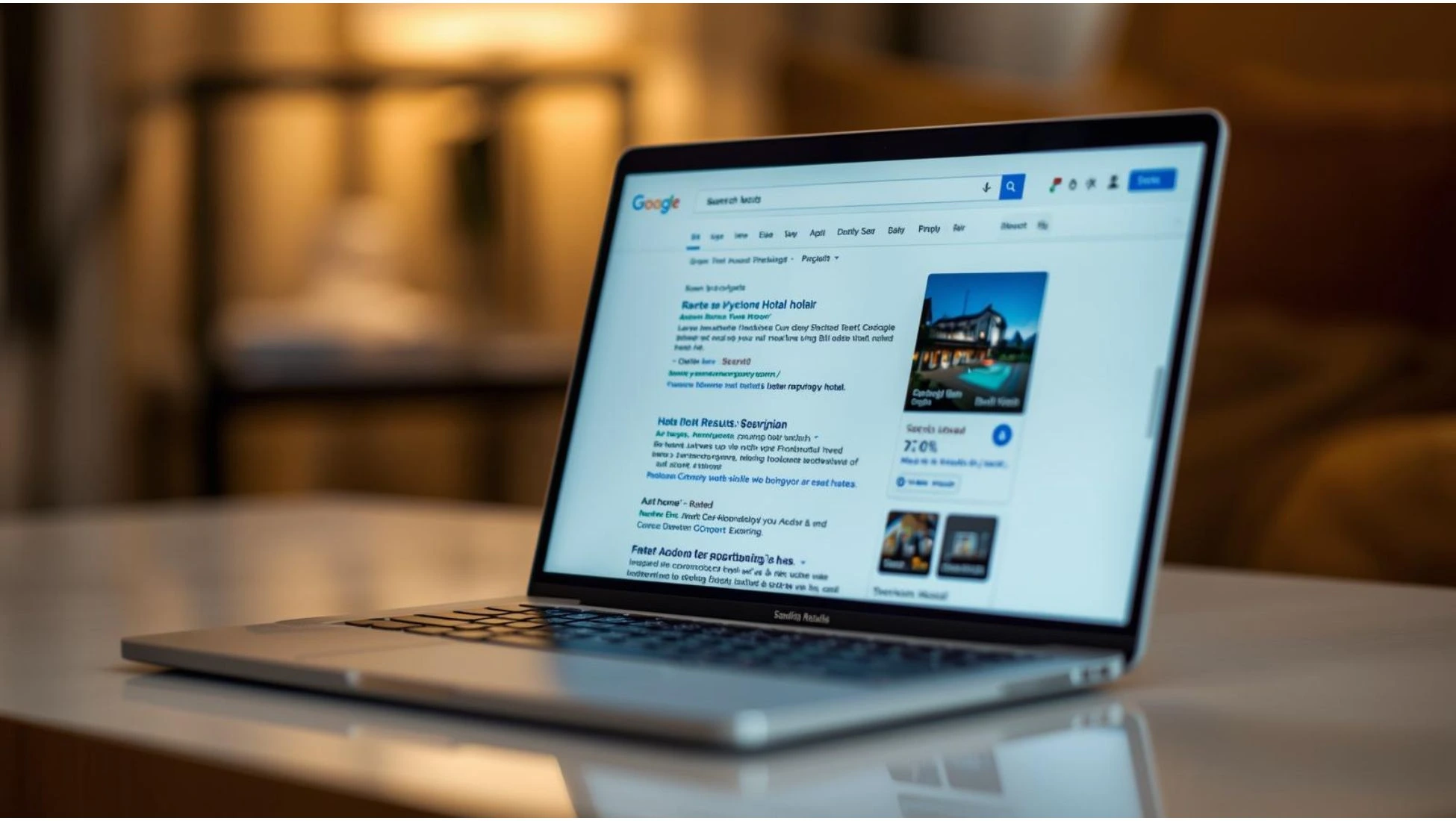 Risultati di ricerca Google per hotel visualizzati su laptop per mostrare la SEO nel settore turistico
