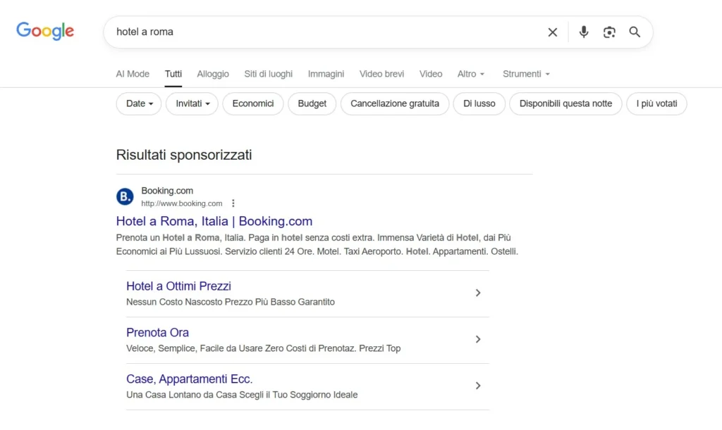 Risultati di ricerca Google per hotel a Roma con Booking.com tra i primi risultati sponsorizzati