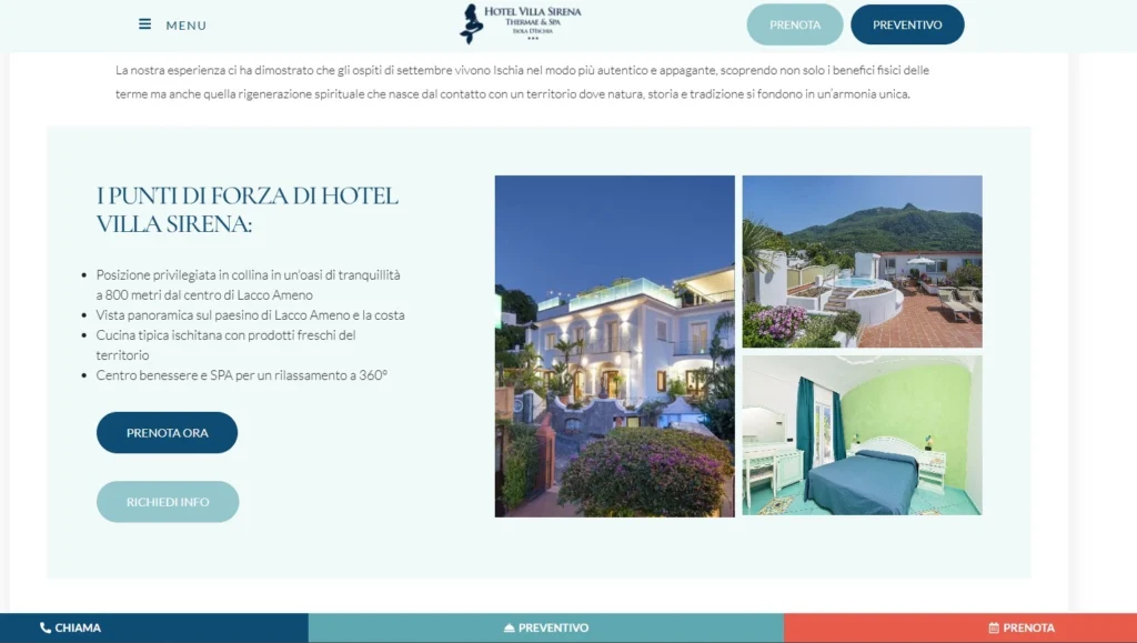 Sezione sito Hotel Villa Sirena con call to action prenota ora e contenuti orientati alla conversione delle prenotazioni dirette