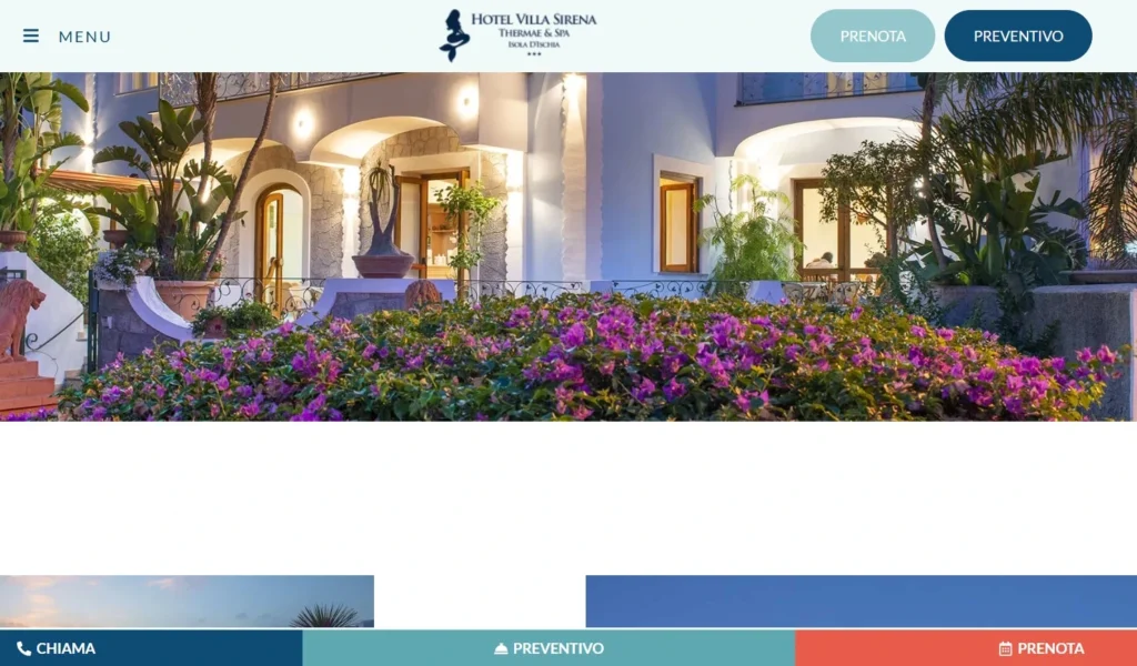 Sito web hotel con pulsanti Prenota e Preventivo ben visibili nell’header, esempio di design orientato alla conversione e alle prenotazioni dirette