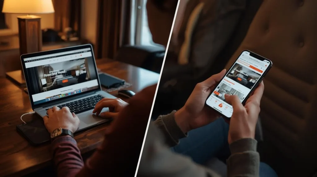 Utilizzo di un sito web hotel da laptop e smartphone per mostrare la differenza tra esperienza desktop e mobile