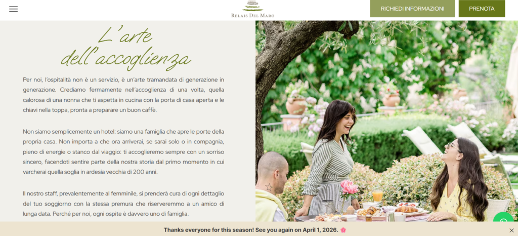 Esempio di storytelling efficace sul sito di un hotel boutique - testo che racconta l'identità della struttura