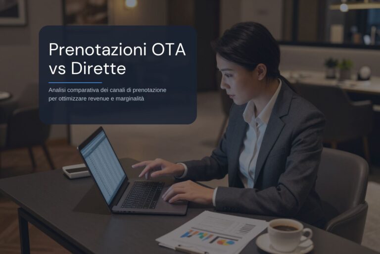 Albergatore analizza report prenotazioni OTA vs dirette alla scrivania